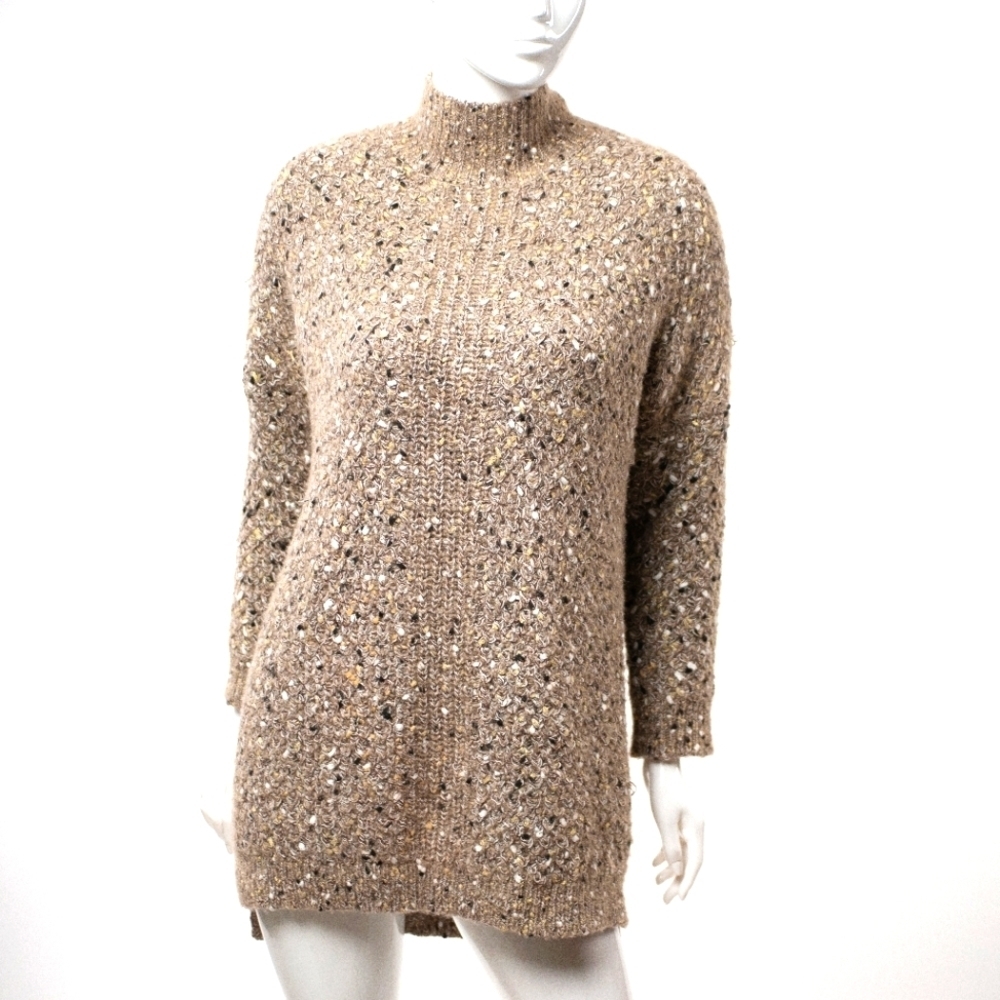 LAN YA YI turtleneck Bedazzled mixed media cable knit glitter sweater dress